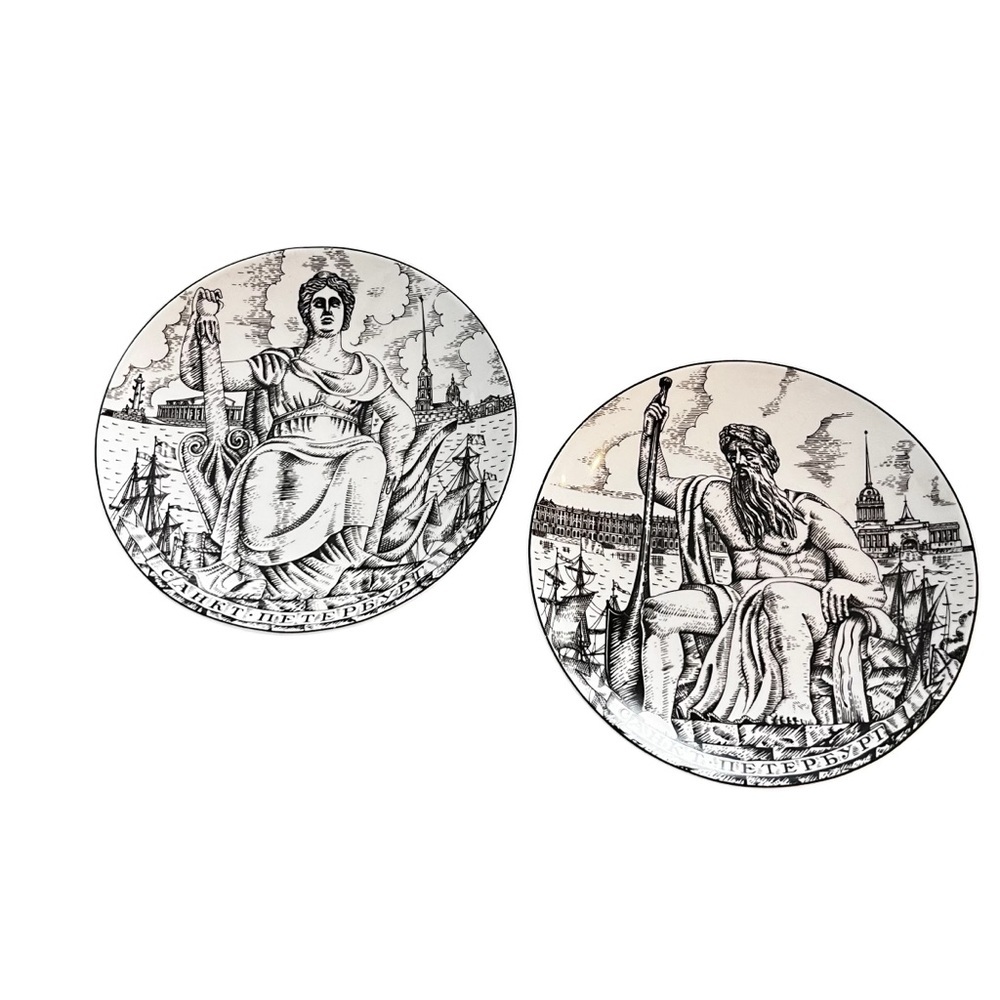 TWO Lomonosov Lunch Dessert Plates Russia Figures St Petersburg 8”